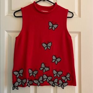 Sweater Tank Top, EUC, Red & Black, Adorned w/Butterflies, So Cute!